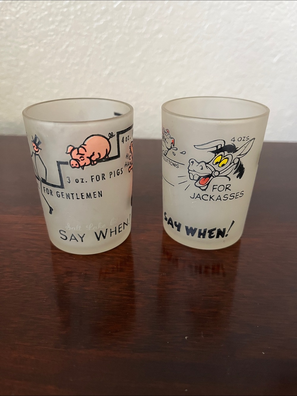 1950s Novelty 'Say When!' Frosted Shot Glasses Set with Pig & Donkey Artwork